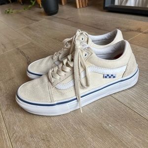 Tan, blue and white Old Skool Vans